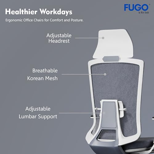Image of FUGO FG410 High-Back Ergonomic Office Chair-Executive Computer Chair with Adjustable Headrest, Armrests, Lumbar Support, Breathable Mesh, 360 Swivel, Recline Function, and Heavy-Duty Base (White)