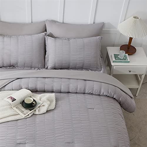 Kakijumn Grey Comforter Set Queen Size, 7 Piece Bed In A Bag Seersucker Comforter And Sheet Set, All Season Soft Microfiber Complete Bedding Set(Grey,Queen) #TOP3