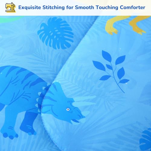 Image of Viviland Toddler Comforter Sets, 4 Pieces Bedding Sets, Dinosaur Pattern | Microfiber Blue Dino Bed Set, Boys, Breathable & Soft, Comforter, Bed Sheet, Fitted Sheet and Pillowcase, Machine Washable