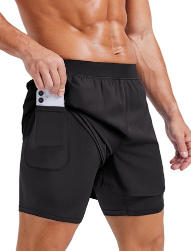 PINSPARK Herren Sport Shorts 2 in 1 Laufshorts mit Kompressionsshorts