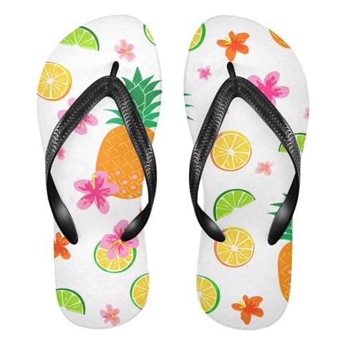 Pineapple Hibiscus White Flip Flops for Beach Thong Sandals Anti-slip Lightweight Beach Slippers for Summer Swim Travel