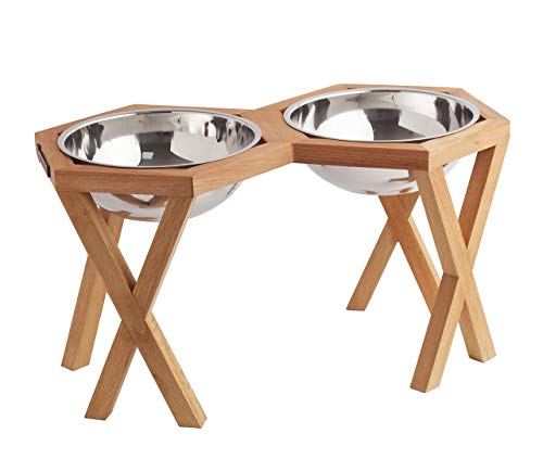 Dog Food Bowls with Stand, Elevated Dog and Cat Stand,Elevated Dog and Cat Handmade Solid Wood Feeder, Raised Food and Water Stand with 2 Stainless Steel (Double Bowl Medium (9.9