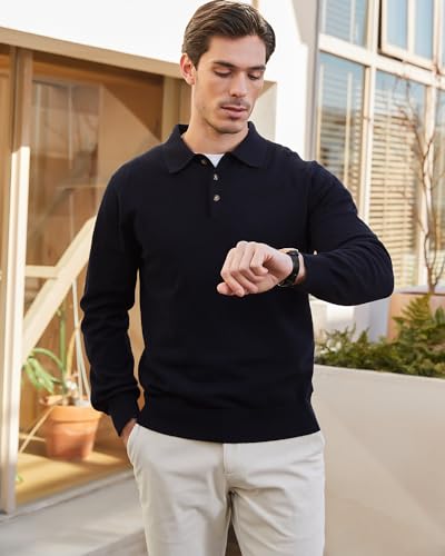 Image of Kallspin Mens 100% Cotton Polo Sweater Long Sleeve Button Down Knit Pullover Relaxed Fit Collared Casual Tops