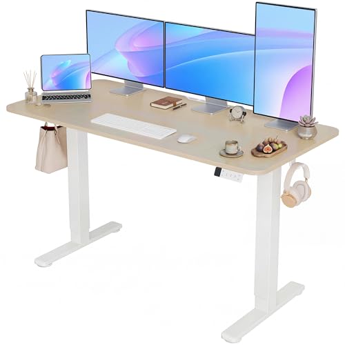 Image of YDN Electric Standing Desk Adjustable Height, 63 x 24 Inches Sit Stand up Desk with Memory Presets & Cable Management, Home Office Desk for Office & Computer Workstation, White Frame /Nature Top