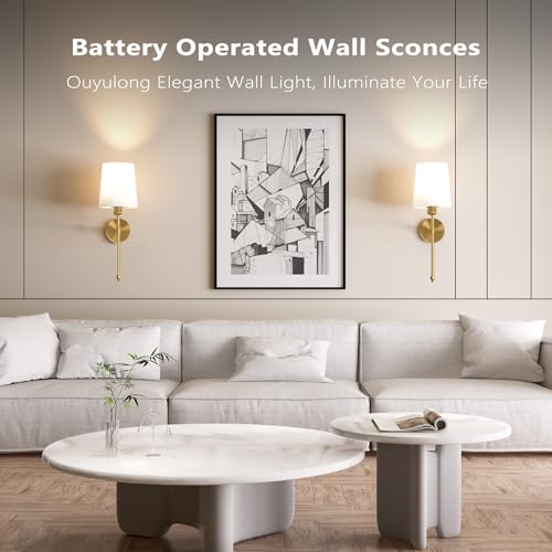 Image of Ouyulong Battery Operated Wall Sconces Set of 2, Wireless Rechargeable Dimmable Wall Light with 5600mAh RGB Bulb and Remote for Bedroom, Living Room, Hallway, Gold, 24in
