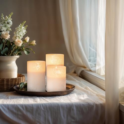 Image of White Flameless Candles With Remote Battery Operated LED Pillar Candles Set | Sea Salt Glass Real Wax Design Realistic Flicker 10-Key Remote Timer & Brightness Control for Bedroom Wedding & Holiday Decor