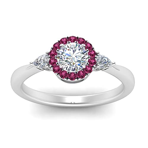 Image of Sterling Silver Sapphire & CZ Diamond Halo Engagement Ring with Pear Accent, Round Shape, Wedding & Everyday Jewelry for Women, US Sizes 4-12