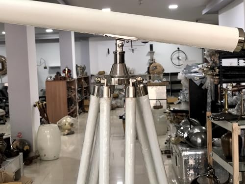 Telescopio decorativo de pie cromado con tripode de cuero blanco 60" miniatura 5