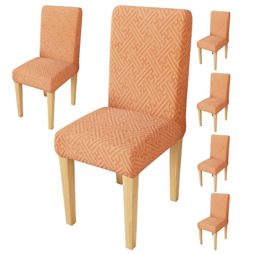 Image of Lukzer Elastic Dining Chair Cover - 6PC Pastel Orange Grid Maze | Textured High Stretch Jacquard Seat Cover | Removable Washable Short Dining Chair Cover Protector Seat Slipcover | (CC-106-6)