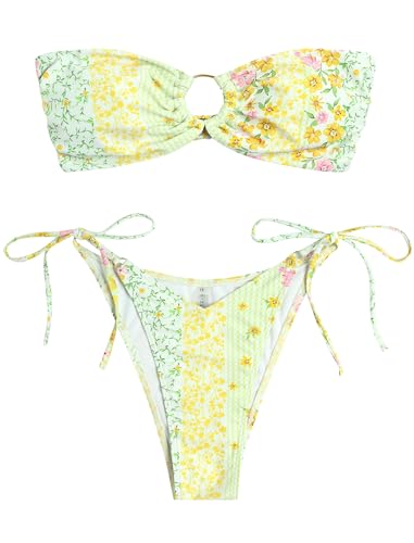 Image of ZAFUL Women's Bandeau Bikini O Ring Strapless Tie Back High Cut Two Piece Swimsuit Bathing Suits