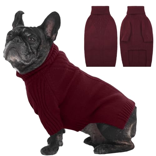 Image of IECOii Small Dog Sweater, Warm Turtleneck for Small to Medium Dogs, L | Holiday Knit Doggy Sweatshirt,Girl Boy Dog Sweaters for Winter,Cozy Pullover Knitwear with Sleeve for French Bulldog,Burgundy