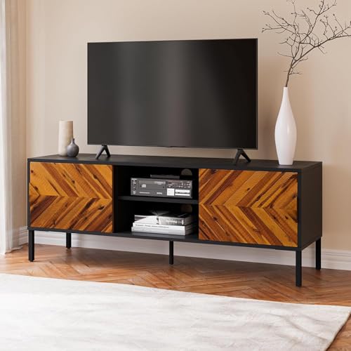 Image of Bme Vivian TV Stand, 59 Inch Media Console Table with Herringbone Pattern Doors, Solid Wood & Metal Frame, Rustic Golden Brown - Retro-Inspired Modern TV Console for Living Room, Entertainment Center