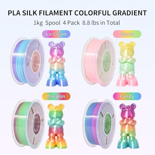 Image of RAMBERY 4 Colors Rainbow Silk PLA Filament Bundle Fast Color Change 3D PLA Filament Neatly Wound, 1.75mm 1kg(2.2lb) X4PCS, Candy /Macaron /ice Cream /Guava