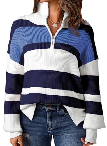 Image of EVALESS Striped Sweaters for Women 2024 Casual Long Sleeve Lapel V Neck Quarter Zip Pullover Sweater Ribbed Knit Jumper Tops