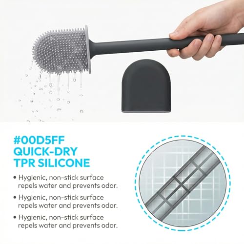 Image of RV Silicone Toilet Brush with Holder, Drill-Free Wall Mounted Toilet Bowl Cleaner, Anti-Drip Anti-Roll Compact Brush for RV Camper & Small Bathroom