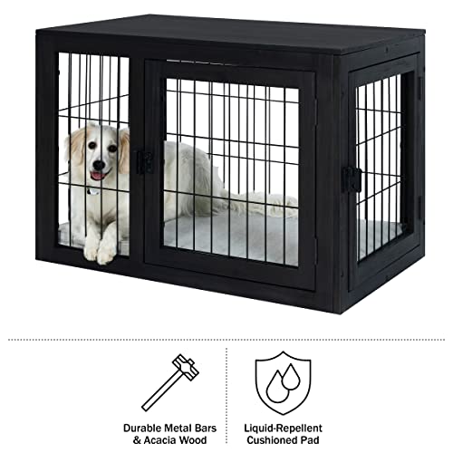 Furniture-Style Dog Crate - Acacia Wood Kennel for Medium Dogs with Double Doors and Cushion - Dog Cage Furniture by PETMAKER (Black)