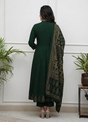 Image of GoSriKi Women's Rayon Viscose Anarkali Printed Kurta Pant with Dupatta | Anarkali Kurta Set for Women | Flared Kurti Pant Set | Ethnic Printed Suit for Women