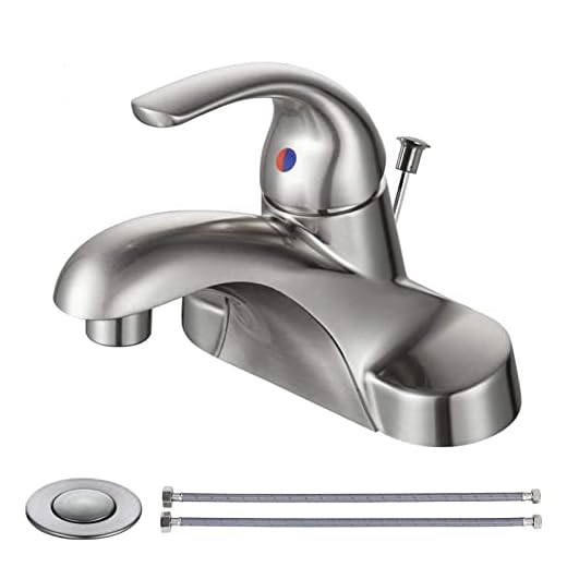 WOWOW Bathroom Faucet 1 Handle Low Arc Single Handle 4 inch Centerset Bathroom Sink Faucet with Pop Up Drain Assembly Basin Mixer Tap Brushed Nickel Vanity Faucets