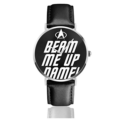 Unisex Business Casual Personalisierte Beam Me Up Scotty Star Trek Uhren Quarz Lederuhr mit schwarzem Lederband für Männer Frauen Junge Kollektion