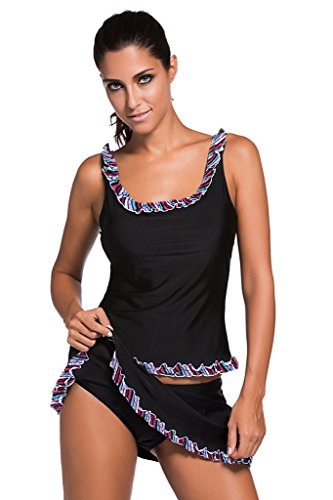 Aleumdr Women 2 Piece Tankini Lace Trim Flower Swimwear - US18-20/XXL - Black Aleumdr Women 2 Piece Tankini Lace Trim Flower Swimwear - US18-20/XXL - Black
