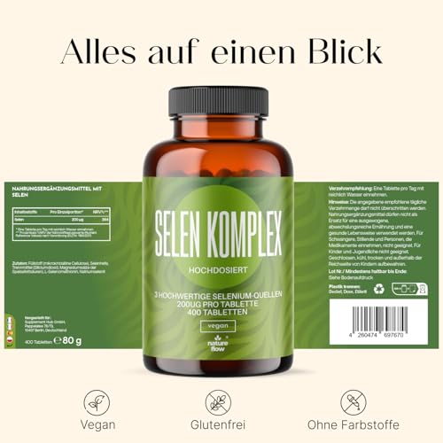 Selen hochdosiert 3-Fach-Komplex - 400 Tabletten - 200µg Selen aus drei Quellen (Selenhefe, Selenmethionin, Natriumselenit) - vegan & produziert in Deutschland