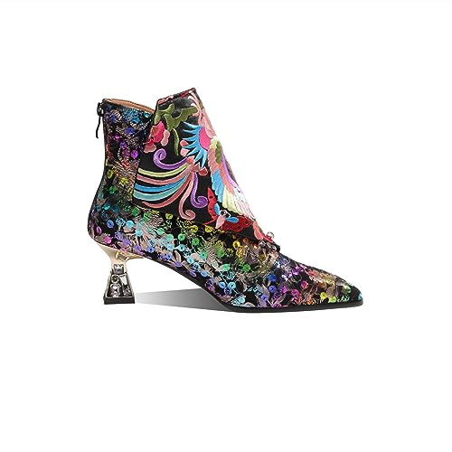 TinaCus Women's Pointed Toe Floral Suede Leather with Handmade Embroidery Mid Heels Zip Up Ankle Boots3