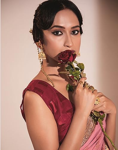 Image of SIRIL Women's Lace & Foil Printed Georgette Saree with Unstitched Blouse Piece(2826S471 Pink, Maroon)