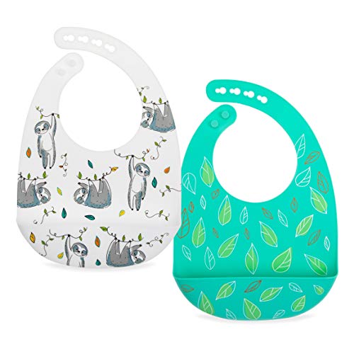 Image of Nuby 2 Pack Adjustable Easy Clean Soft Silicone Bibs with Scoop, Leaves & Sloth