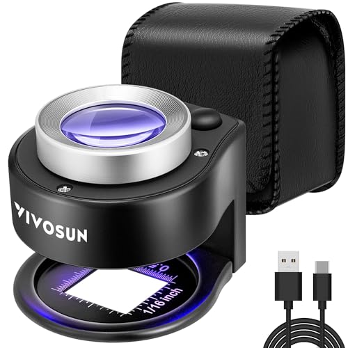 VIVOSUN 30X Rechargeable Loupe Magnifier with White LED Light and UV Light Portable Magnifying Glass with Optical Glass Lens & Scale for Jewelry Textile Gems Stamps Coins and Plants