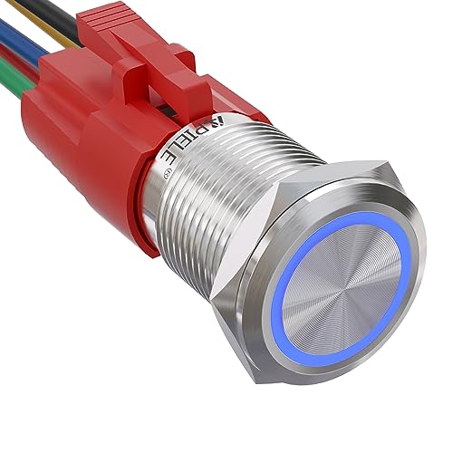 Image of APIELE 16mm Latching Push Button Switch 12V DC On Off Stainless Steel with LED Angel Eye Head for 0.63 inch Mounting Hole with Wire Socket Plug Self-Locking(Blue)