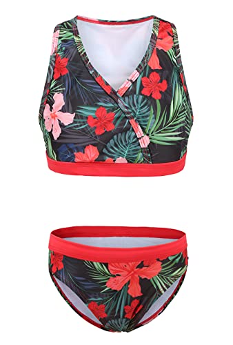 Image of Girls Two Piece Swimsuits Bikini Bathing Suit Kids Hawaiian Swimwear Set for Girls Red Floral Size 8 /7-8