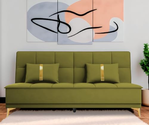Image of Adorn India Premium New Alyssum 3 Seater Sofa Cum Bed 4X6 Velvet Suede with 2 Cushions (Color Light Green) and Suitable for All Indoor, with 3 Years Warranty