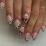 24pcs Short Almond Press on Nails with Glue, Leopard Print French Tip False Nails - 12 Sizes Cherry Design Full Cover Stick on Nails for Women Girls - Image 1