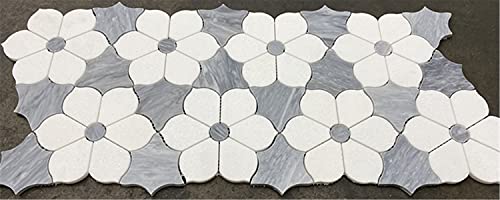 Stone Center Online Thassos White Marble Magnolia Flower Mosaic Tile W/ Bardiglio Gray Honed Kitchen Bath Wall Floor Backsplash Shower (1 Sheet) #TOP5