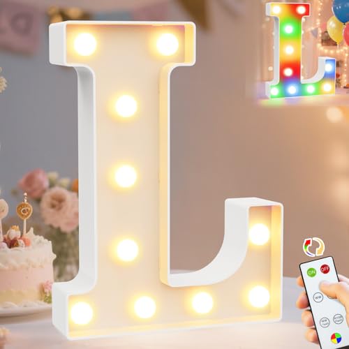 Image of Pooqla LED Light Up Letters, Warm White and Colorful Lighted Marquee Letters with Remote, Lighted Letter for Party Birthday Decorations, Gift for Girls Boys Night Light, Wedding Home Decor, Letter L