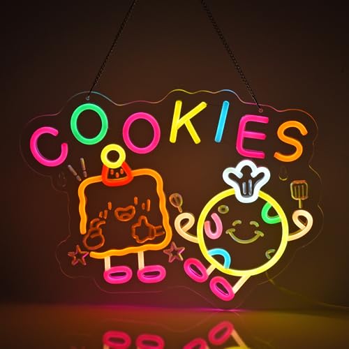 Image of Cookies Neon Sign, Neon Lights Hanging Wall Art Decoration for Store Retail Shop Market Mall Grocery Bakeries Cafes Celebration Home Decor, USB Powered Ultra Bright Dimmable, 15.75x11.8inches