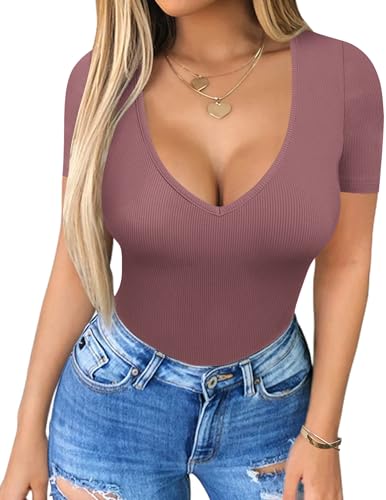 HOTOUCH Deep V Neck Tops for Women Sexy Low Cut Summer Ribbed Knit T Shirts Slim Fit Stretchy Basic Fashion Tee2