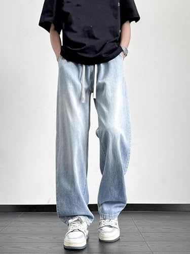 Summer Men's Jeans Korean Lightweight Cotton Straight Denim Pants Loose Fit Wide Leg Trousers2