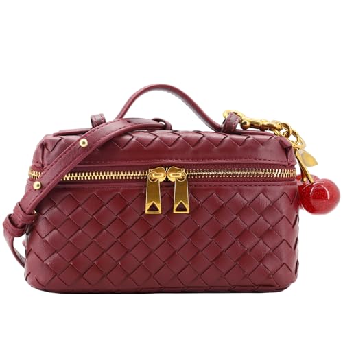 Image of Small Woven Box Crossbody Bags for Women Designer Leather Mini Top Handle Clutch Purse Square Vanity Bag with Cherry Charm