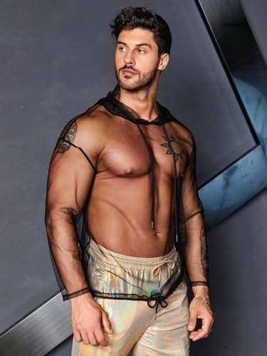 WDIRARA Men's See Through Mesh Sexy Muscle Sweatshirt Sheer Hoodie Workout Casual Top3