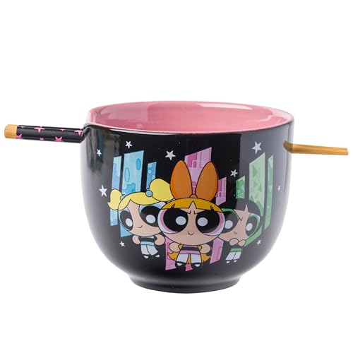 Silver Buffalo The Powerpuff Girls Girl Power Featuring Blossom, Bubbles, and Buttercup Ceramic Ramen Noodle Rice Bowl with Chopsticks, Microwave Safe, 20 Ounces