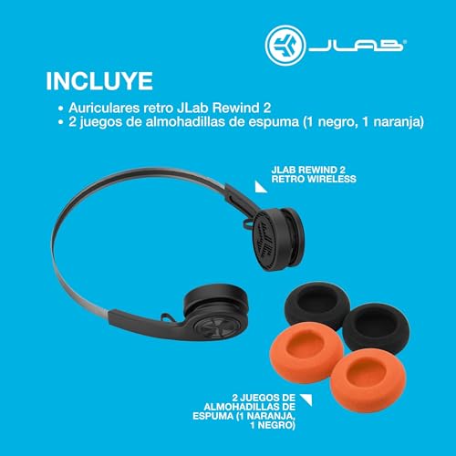 JLab Auriculares Retro, Auriculares Inalámbricos Rewind 2: con Controles de Aplicación Personalizados, Más de 20 Horas de Reproducción Bluetooth, Livianos y Vintage con Mic