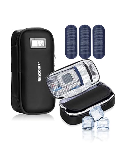 sinocare Insulin Kühltasche mit Temperaturanzeige | Insulin Pen Tasche mit 3 TSA Kühlakkus | Für Spritzen & Zubehör | Für Reise & Zuhause (Temperaturanzeige)