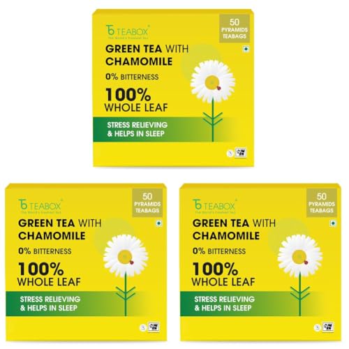 Image of Teabox Chamomile Green Tea 50 Tea Bags | With Egyptian Chamomile Flowers & Whole Leaf Green Tea | Calming Blend for Relaxation & Sleep | Low Caffeine, Fresh & Aromatic (Pack of 3)