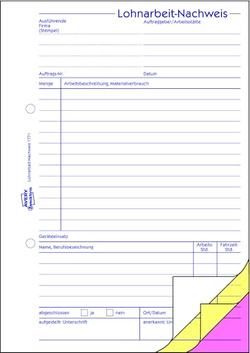 AVERY Zweckform 1771-10 Lohnarbeit-Nachweis (A5, selbstdurchschreibend, für Deutschland/Österreich, von Rechtsexperten geprüft, zur Stundenerfassung, 3x40 Blatt) 10er-Pack, weiß/gelb/rosa, Blau
