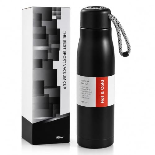Image of Premium Stainless Steel Vacuum Insulated Water Bottle (550ml) Thermal Dori Bottle with Strap | Hot & Cold | Leak-Proof Double Wall Vacuum Flask (Black)
