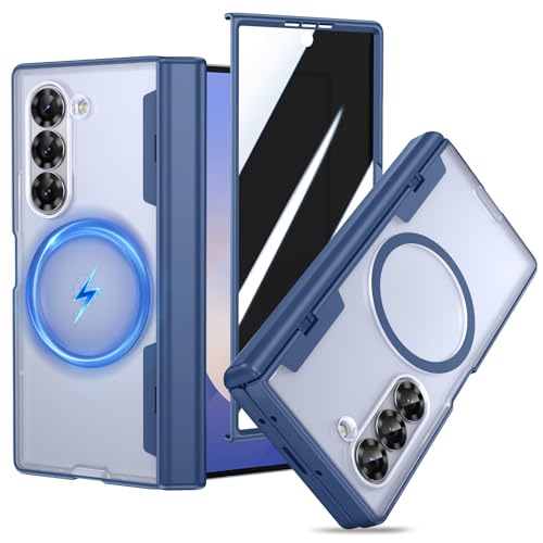 Doeshine for Samsung Galaxy Z Fold 6 Case with Mag-Safe & Magnetic Charging, Front Privacy Screen Protector & Hinge Protection, Translucent Hard Resistant Shockproof Cover for Z Fold 6 (Blue)