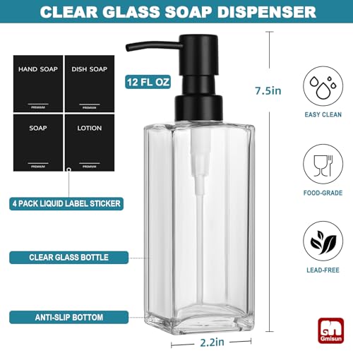 Image of GMISUN Glass Soap Dispenser with Stainless Steel Pump, Clear Hand Soap Dispenser for Bathroom, 12 fl oz /350ml Refillable Dish Dispenser for Kitchen, Modern Liquid Soap and Lotion Bottle for Countertop