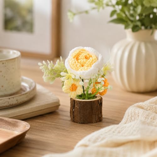 Image of Handmade Crochet Flower with Real Wood Base, 12 cm Yellow White & Green Artificial Knitted Rose Bouquet for Home Office Table Shelf Desk Decor, Bedroom Living Room Gift Decoration