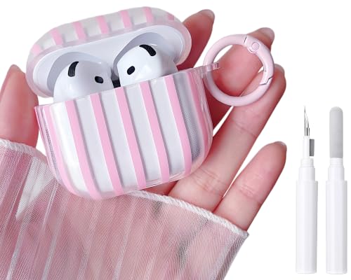 Image of MINSCOSE for AirPods 4 Clear Case,Cute Striped Aesthetic Pattern Design with Trendy Keychain Ring,Soft TPU Protective Shockproof Cover with Cleaner Kit for Girls Women for Airpods 4-Clear Pink